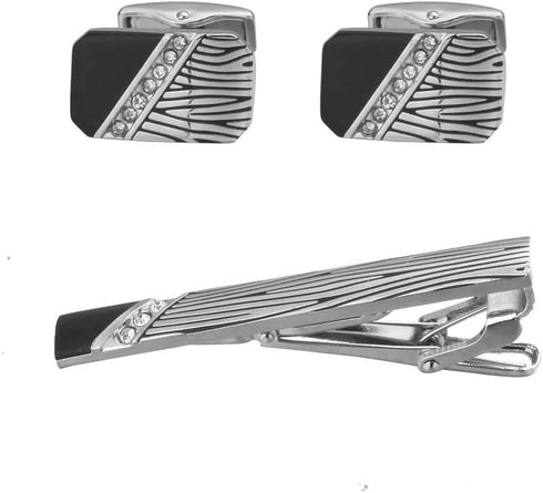 Cufflinks and Tie Clip for Men Set Silver and Black Stripe Necktie Tie Bar Clips Rectangle Round Cufflink Mens Business Shirts Tuxedo Wedding Gift...