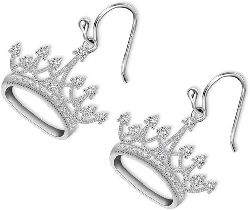 Sterling Silver Round Cubic Zirconia Crown Dangle Earrings for Women Queen Jewelry Mothers Day Gifts for Mom Valentines Christmas Birthday Jewelry...