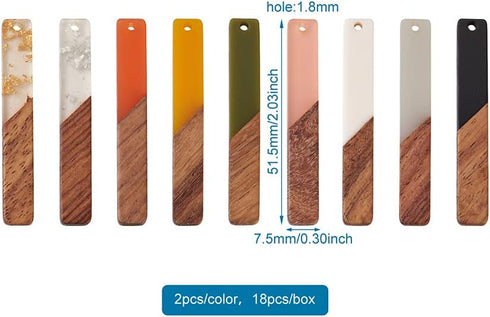 Beadthoven 18pcs/9 Pairs Natural Wood Resin Rectangle Bar Charms Bohemian DIY Earrings Pendants Mixed Colors Vertical Bar Wooden Pieces Pendants f...