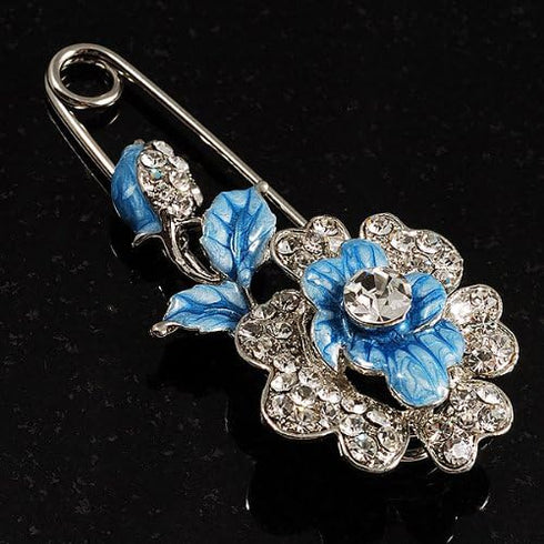 Silver Tone Crystal Rose Safety Pin Brooch (Blue)...
