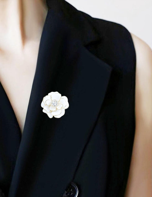 Enamel Camellia Flower Brooch Pin Crystal Blooming Rose Floral Pins Corsage Wedding Party Jewelry for Women...