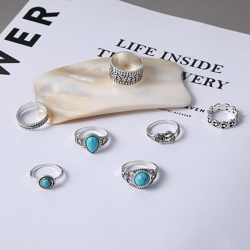 Bohemian Turquoise Ring for Women Western Rings Jewelry Stackable Knuckle Ring Set Vintage Rose Leaf Ring Set for Women Gifts...