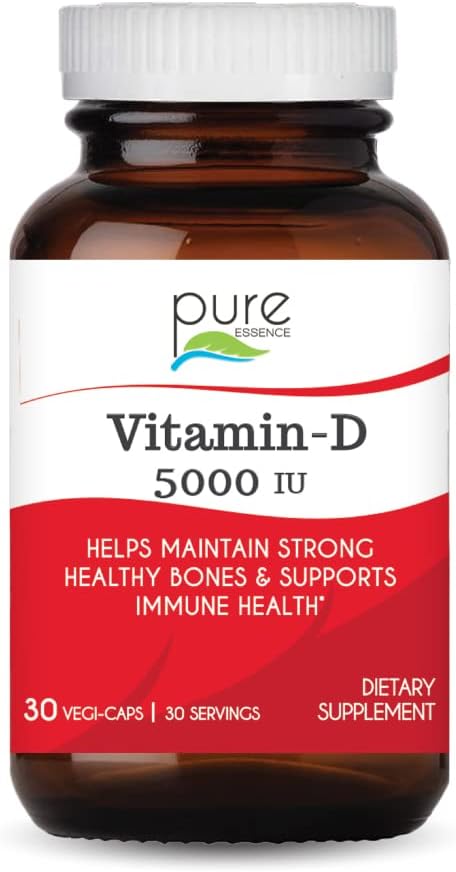Pure Essence Labs Vitamin D - 5000 IU of Vitamin D from 100% Pure Cholecalciferol - 30 Vegetarian Capsules...