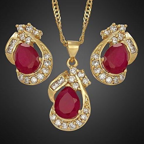 RIZILIA Pear Cut Red Ruby Yellow Gold Plated Jewelry Set, Pendant with 18" Chain Stud Earrings...
