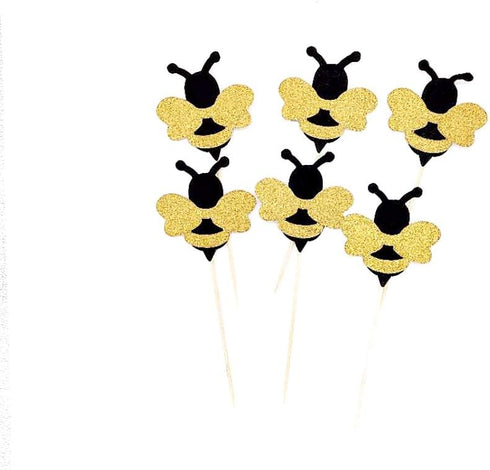 24 Pack Glitter Bumble Bee Cupcake Toppers for Gender Reveal Party Decorations and Baby Shower Party Decorations...