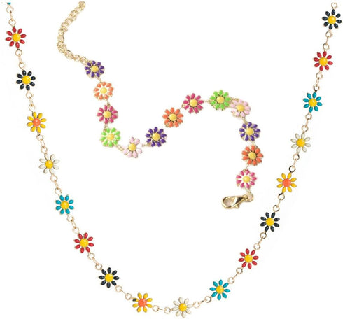 Daisy Flower Necklace Bracelet for Women Bohemian Enamel Daisy Choker Necklace Bracelet Handmade Gold Daisy Spring Sunflower Daisy Bracelet for Wo...