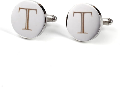 Mens Initial Silver Cufflinks A-Z Alphabet Letter Steel Cuff Links with Engraved Walnut Wood Box Groom Groomsman Wedding Set…...