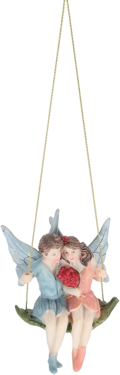Couple Flower Fairy Garden Pendant, Fairy Girl and Boy Sitting on Swing Sculpture, Exquisite DIY Couple Flower Fairy Garden Pendant, Garden Hangin...