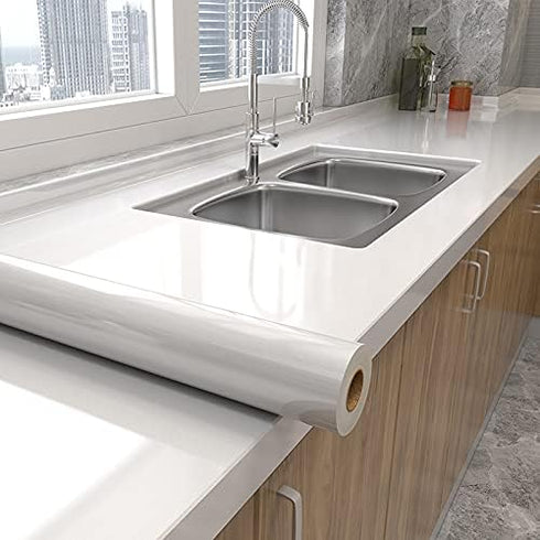 Glossy White Wallpaper peel and Stick Wallpaper Shiny Self Adhesive Removable Wallpaper,15.8" X 197"Waterproof Countertop Paper White Contact Pape...