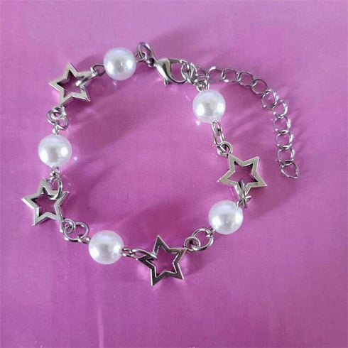 Fuqimanman2020 Y2k Bracelet Necklace for Women Star Imitation Pearl Bead Y2k Jewelry Silver Chain Charm Aesthetic Grunge Gift...