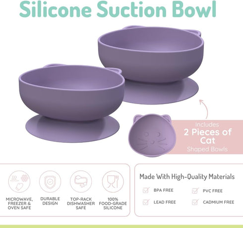 melii Silicone Suction Bowls for Babies and Toddlers, Cat, 10.1 oz - 2 Pack, 100% Food Grade Silicone, Animal Shaped, BPA Free, Dishwasher & Micro...