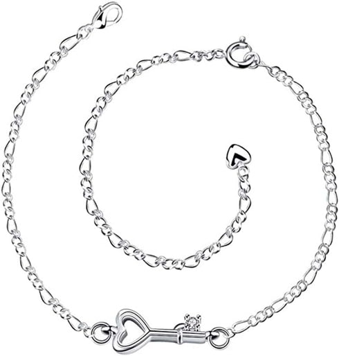 925 Sterling Silver Adjustable Anklet Barefoot Sandal Beach Foot Chain Cute Love Key Zircon Pendant Adjustable Chain Anklet Bracelet...