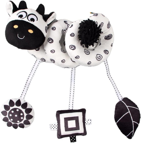Baby Hanging Stroller Toy, Animal Spiral Plush Circle Activity Car Seat Travel Toys, Black and White Squeak Early Educational Toy for Newborn Boys...