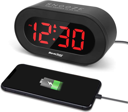 REACHER Small LED Digital Alarm Clock with Simple Operation, Full Range Brightness Dimmer, USB Phone Charger Port, Easy Snooze, Adjustable Alarm V...