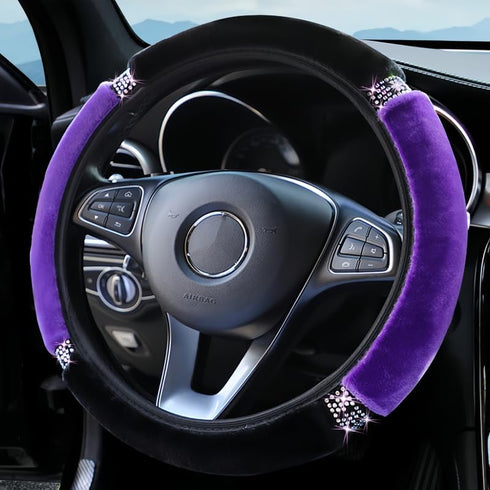 Bling Soft Fluffy Steering Wheel Cover, Rhinestone Auto Elastic 15 Inch Steering Wheel Protector, Sparkly Crystal Diamond for Women Girls, Car Acc...