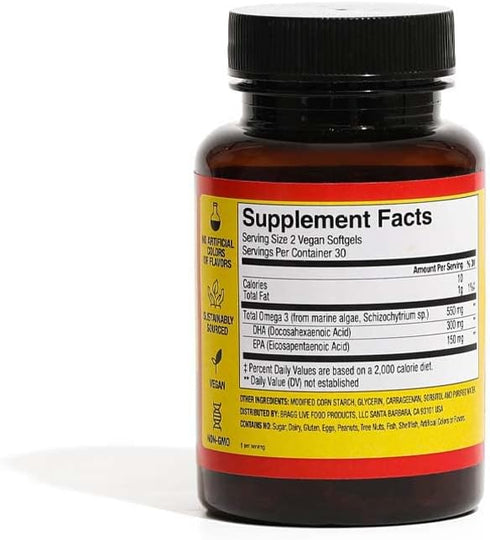 Bragg Vegan Omega 3 Supplement – Sustainably Sourced Marine Algae – Helps Support Brain, Eye & Heart Health - includes EPA & DHA Fatty Acids – Non...