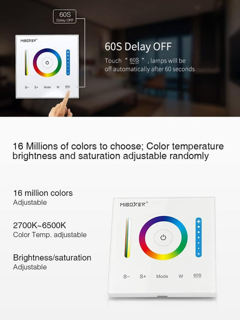 LGIDTECH P3 Miboxer Wall-Mounted Full Touch Panel Controller for 3528 5050 2835 RGB RGBW RGB+CCT Dimmable Color Changing LED Strip Lighting DC 12-...