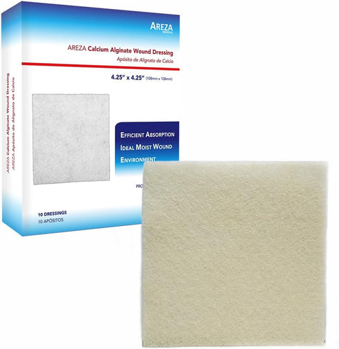 AREZA MEDICAL Calcium Alginate Wound Dressing 4.25" x 4.25" Pads - 10 Individual Sterile Non-Stick Gauze Pads FSA HSA Approved Highly Absorbent No...