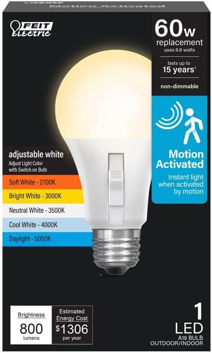 Feit Electric LED Motion Sensor Light Bulb, A19 60W Equivalent, 5CCT, Non-Dimmable, E26 Medium Base, 90 CRI, 800 Lumens, Standard Light Bulb with ...
