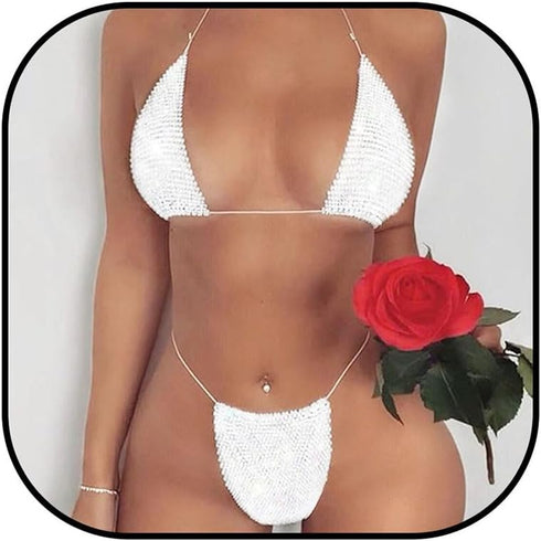 Zoestar Mesh Rhinestone Bikini Set Sparkly Crystal Underwear with Top for Women...