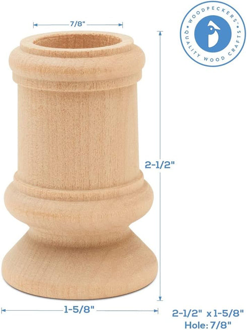 Wooden Candle Cups Classic-Style, 2-1/2 inch with 7/8 inch Taper Candle Hole, Set of 4 Ufinished Candlesticks, by Woodpeckers...