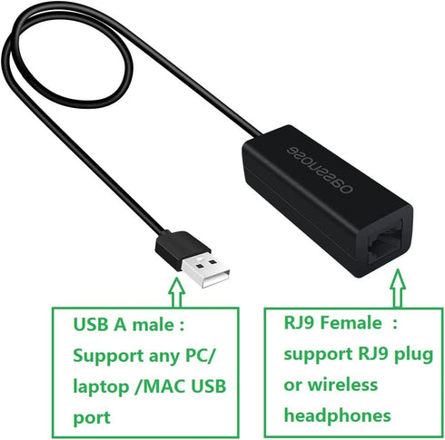 RJ9 to USB Headset Adapter Compatible with Plantronics/Jabra/Wireless DECT Headsets,for Computer/Notebook/Mac/Tablet USB Male to RJ9 Female...
