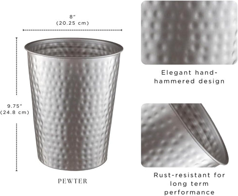 Monarch Abode Pewter Hand Hammered Metal Wastebasket for Home Office Bedroom, Decorative Waste Basket, Modern Bathroom Garbage Can, Durable & Deco...