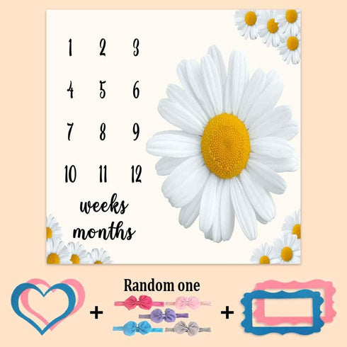 Baby Monthly Milestone Blanket, Daisy Big White Blanket for Nursery, Unisex for Newborn 1-12 Months, includes 4 Frame and 1 Headband 47"x47" BTLSP...