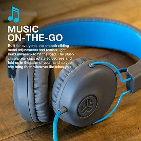 JLab Studio On-Ear Headphones, Wired Headphones, Gray/Blue, Tangle Free Cord, Ultra-Plush Faux Leather with Cloud Foam Cushions, 40mm Neodymium Dr...