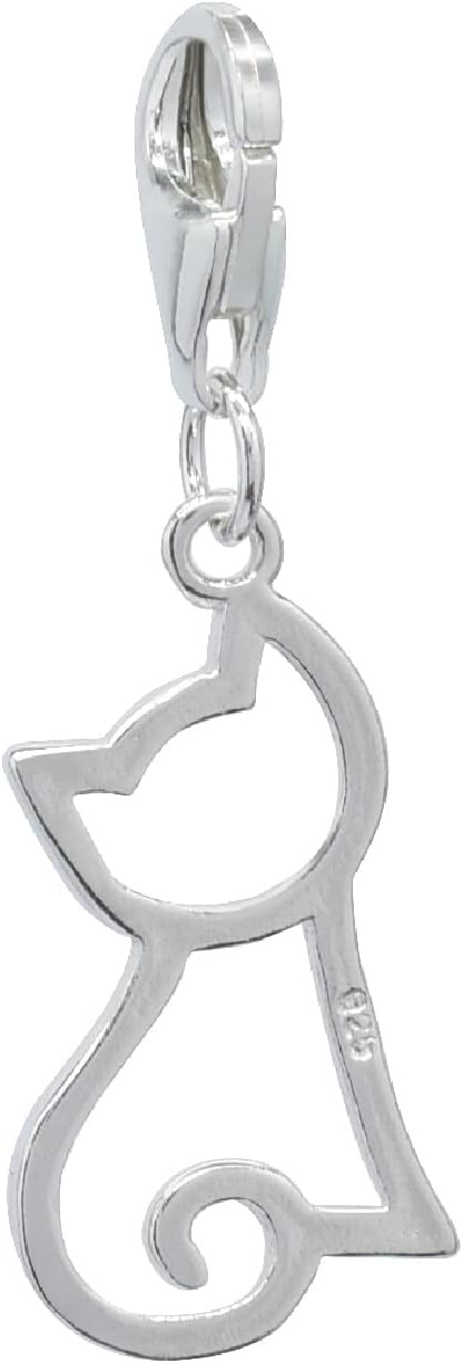 925 Sterling Silver Cat Silhouette Charm: Lobster Claw Clasp Clip-On for Bracelets and Necklaces...