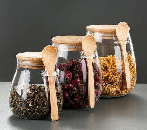 Glass Food Storage Jar Sugar Bowl Tea Jar with Airtight Lid and Spoon...
