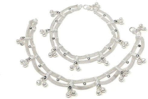 Traditional Indian Jhanjar Silver Bells Anklet Payal Set for Women in White Stones - Dancing Bohemian Beach Party...