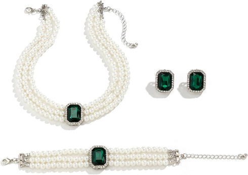 Vintage 4pcs Pearl Gemstone Choker Necklaces Earrings Bracelet Set 1920s Costume Party Pearl Jewelry Multilayer Gemstone Rhinestone Elegant Bridal...