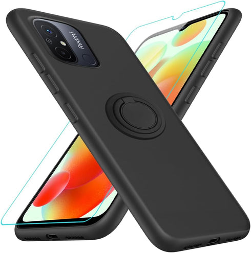 Phone Case with Glass Screen Protector for Xiaomi Redmi 12C/Poco C55 - Black, 360° Rotatable Ring Holder, Magnetic Kickstand, Shockproof Protectiv...