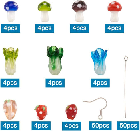 Beadthoven 20 Pairs DIY Lampwork Beads Earrings Making Starter Kit Cute Mushroom Strawberry Fruits Vegetable Lampwork Glass Beads with Stainless S...