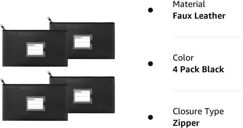 4 Pack Bank Deposit Money Bag, Heavy Duty Leatherette Security Zipper Wallet with Clear Window, Coin Bag, Cash Bag, Tool Pouch, Assorted Colors (4...