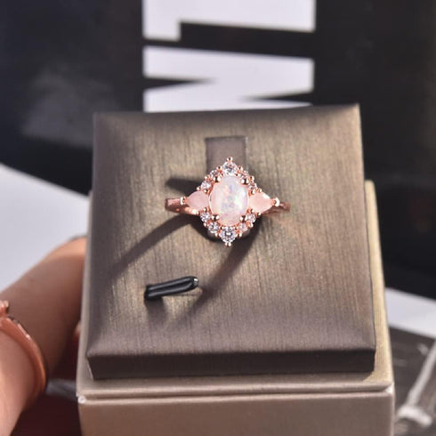 Plated 18k Rose Gold Rainbow Moonstone Rings,Women Bridal Set Statement Anniversary Ring Gift Oval & Pear Cut CZ Simulated Diamond Engagement Ring...