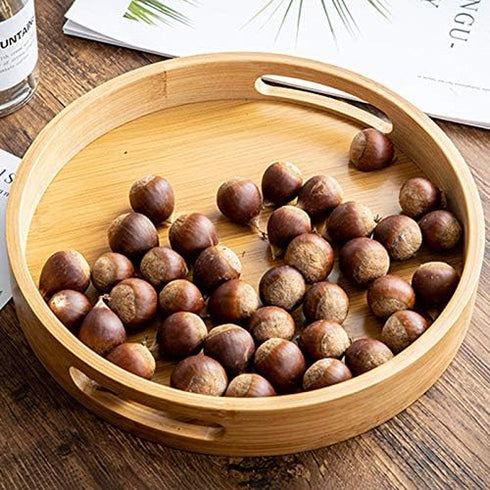 11.8 inch Bamboo Round Serving Tray, Wood Tray with Handles, Natural Wooden Tray for Ottoman, Kitchen/Coffee Table...