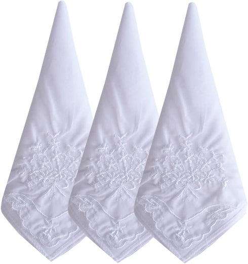 Womens Embroidered Scalloped Handkerchiefs Cotton White Wedding Hankies...