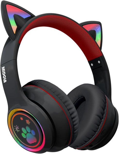 Headphones Cat Ear Wireless Bluetooth 5.3 60H Over Ear, 8H with Led Light Foldable Music Gaming Headset with Aux 3.5mm Mic for Game Pad Tablet Lap...