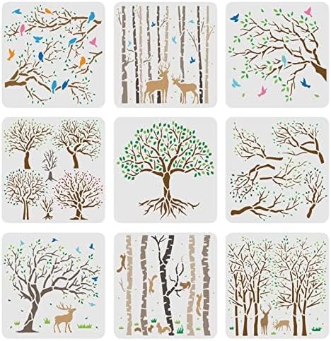 FINGERINSPIRE 9pcs Life of Tree Stencils 7.9x7.9 inch Aspen Trees/Life Tree Stencils Painting Stencil Reusable Tree and Flying Birds Stencils for ...