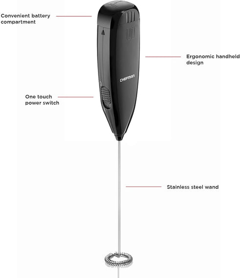 Chefman Handheld Electric Milk Frother Create Foam for Coffee, Cappuccinos, & Lattes, Mix Matcha & Protein Powder, Cordless & Compact, Stainless S...