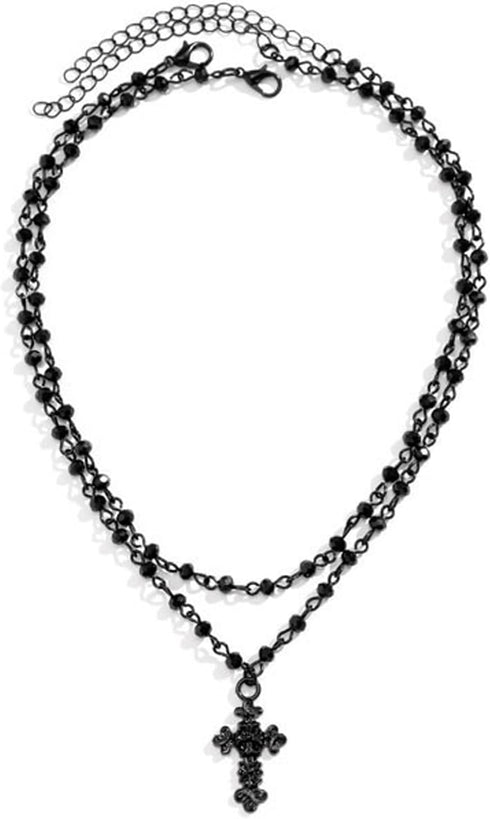 Gothic Bead Cross Necklace,Punk Black Cross Pendant Beaded Necklace for Men Women,Layered Cross Choker Necklace,Goth Gothic Y2k Necklaces,Hallowee...