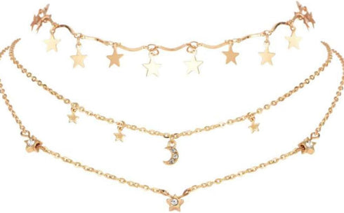 Chargances Bohemia Moon and Stars Necklace for Women Gold Laying Choker Necklace for Weeding Dating Prom Festival Delicate stars Moon Crescent Jew...