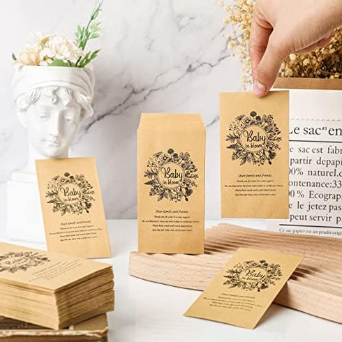 Fumete 50 Pcs Baby Shower Seed Packet Self Adhesive Kraft Seed Envelopes Small Parts Storage Packets Mini Kraft Seed Packets Retro Paper Seed Stor...