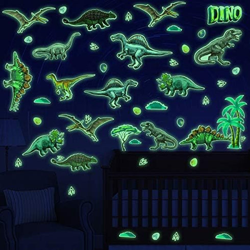 Zonon 114 Pcs/ 4 Sheet Glow in The Dark Dinosaur Wall Decals for Boys Bedroom Waterproof Self Adhesive Glowing Dinosaur Wall Stickers Removable Di...