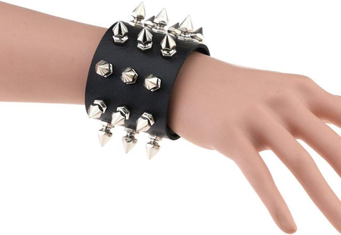 Multicolor PU Simulated Leather Silvert-tone Spikes Rivets Adjustable Buckle Bracelet, Pack of 2 PCs...