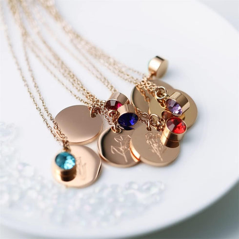 Birth Flower Necklace, Rose Gold Floral Pendant Necklaces, Dainty Birth Month Flower Disc Charm Hand Stamped Flower Disk Necklace...
