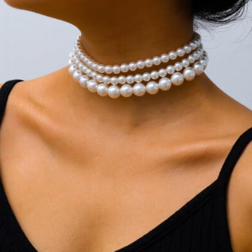 3PCS Multi-Layer Simulated Pearl Choker Necklace Multi-Strand Pearl Statement Bridal Choker Necklace 1920s Pearl Jewelry for Wedding Party 20s Fla...