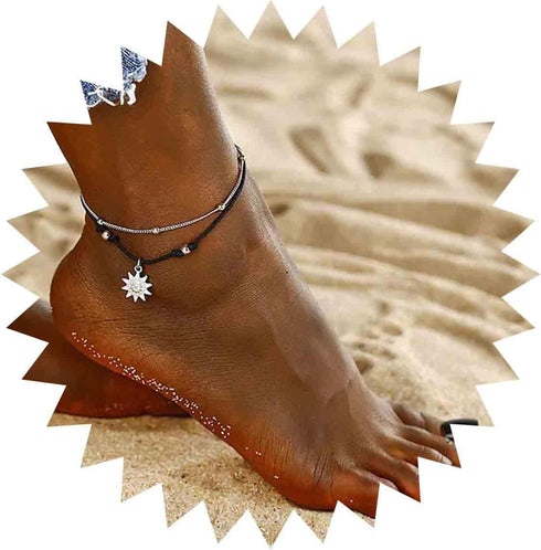 Bohemian Sun Dangle Anklet Black Woven Rope Ankle Bracelet Silver Layered Chain Anklet Adjustable Wax Anklets Summer Beach Foot Chain Jewelry for ...